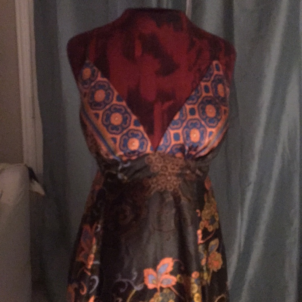 Single Dress boho brown silk print dress M - Picture 3 of 8